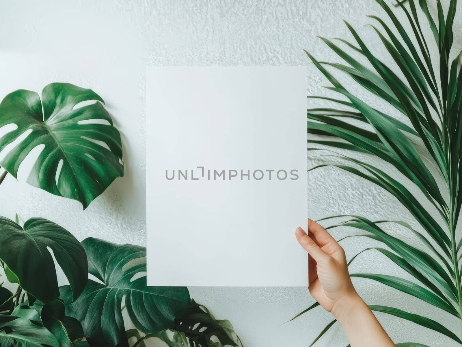 Tropical minimalism: hand holding blank paper amidst lush greenery for design concepts.