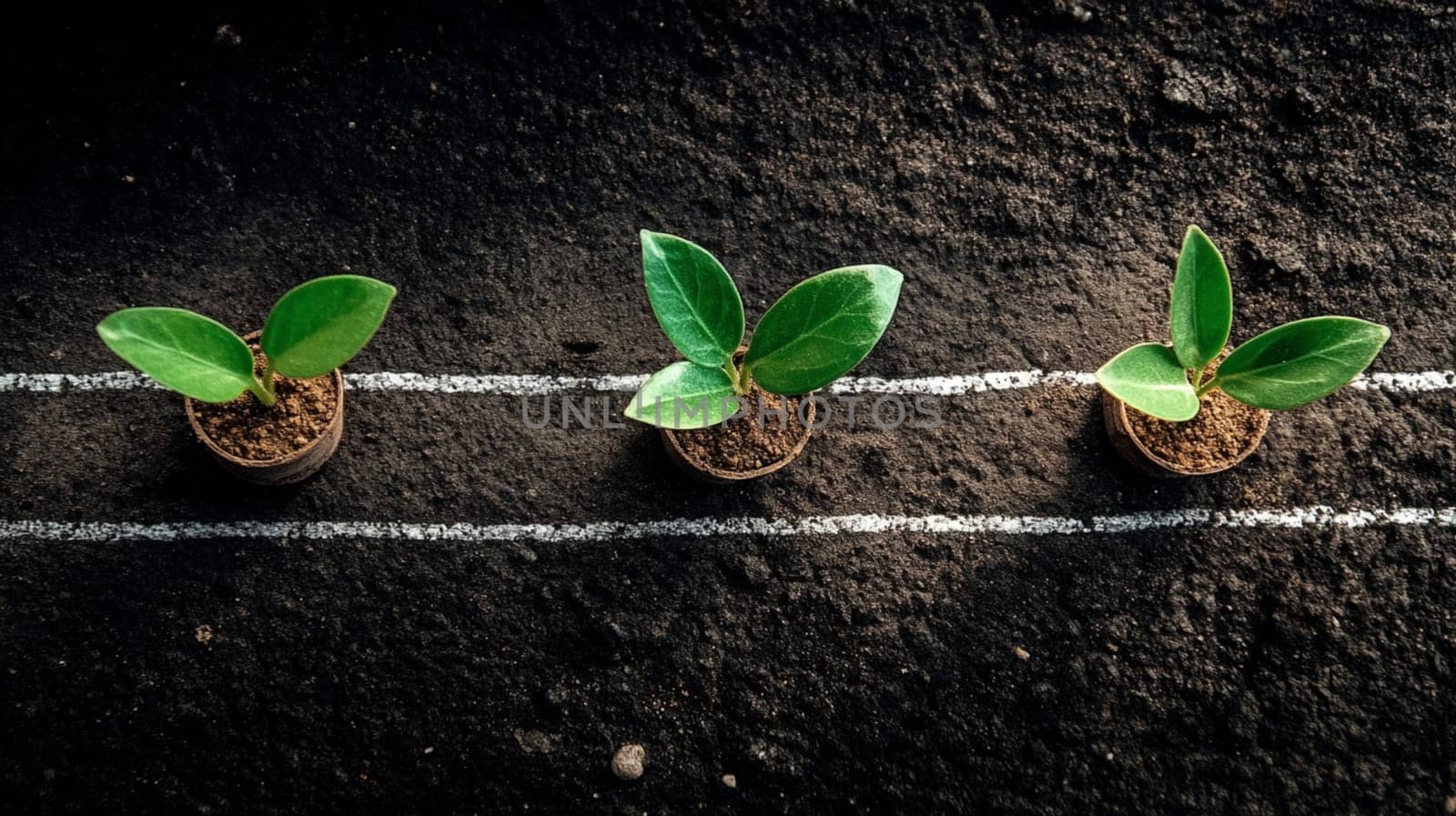 Four delicate seedlings sprout in a row behind white chalk lines, symbolizing growth in nature and business