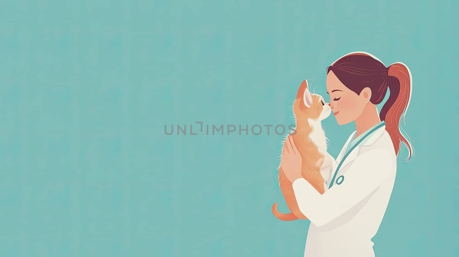 A veterinarian cradles a small cat while sharing a tender moment. The brightly colored clinic background enhances the warm atmosphere of this joyful interaction, highlighting their bond.