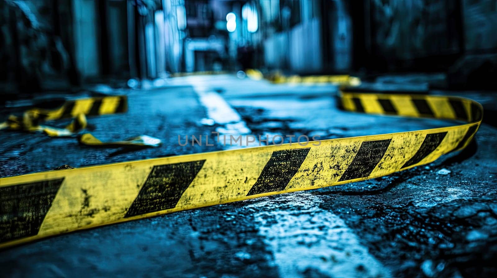Yellow caution tape stretches across a dark alley in an urban area, signaling danger. Water drips and the ground shows signs of neglect, creating a tense atmosphere late at night.