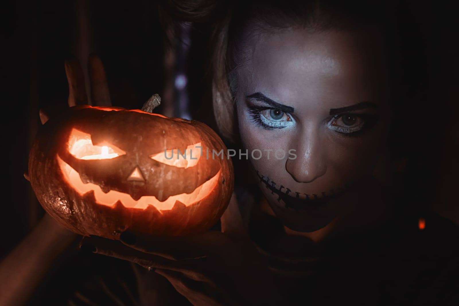 Horrible girl with scary mouth and eyes, halloween concept
