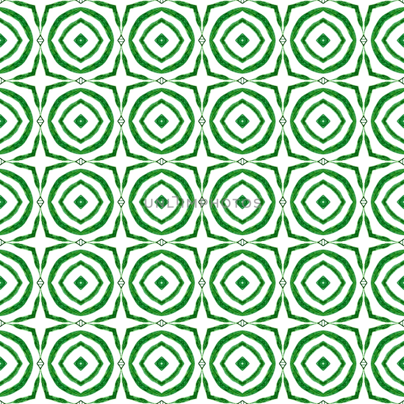 Watercolor ikat repeating tile border. Green extra boho chic summer design. Textile ready precious print, swimwear fabric, wallpaper, wrapping. Ikat repeating swimwear design.