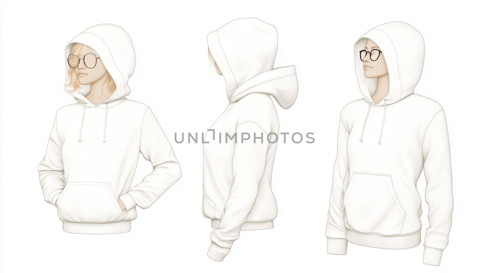 Four views of a female mannequin wearing a blank white hoodie, perfect for showcasing your apparel designs. The mannequin has her hair tied up in two buns