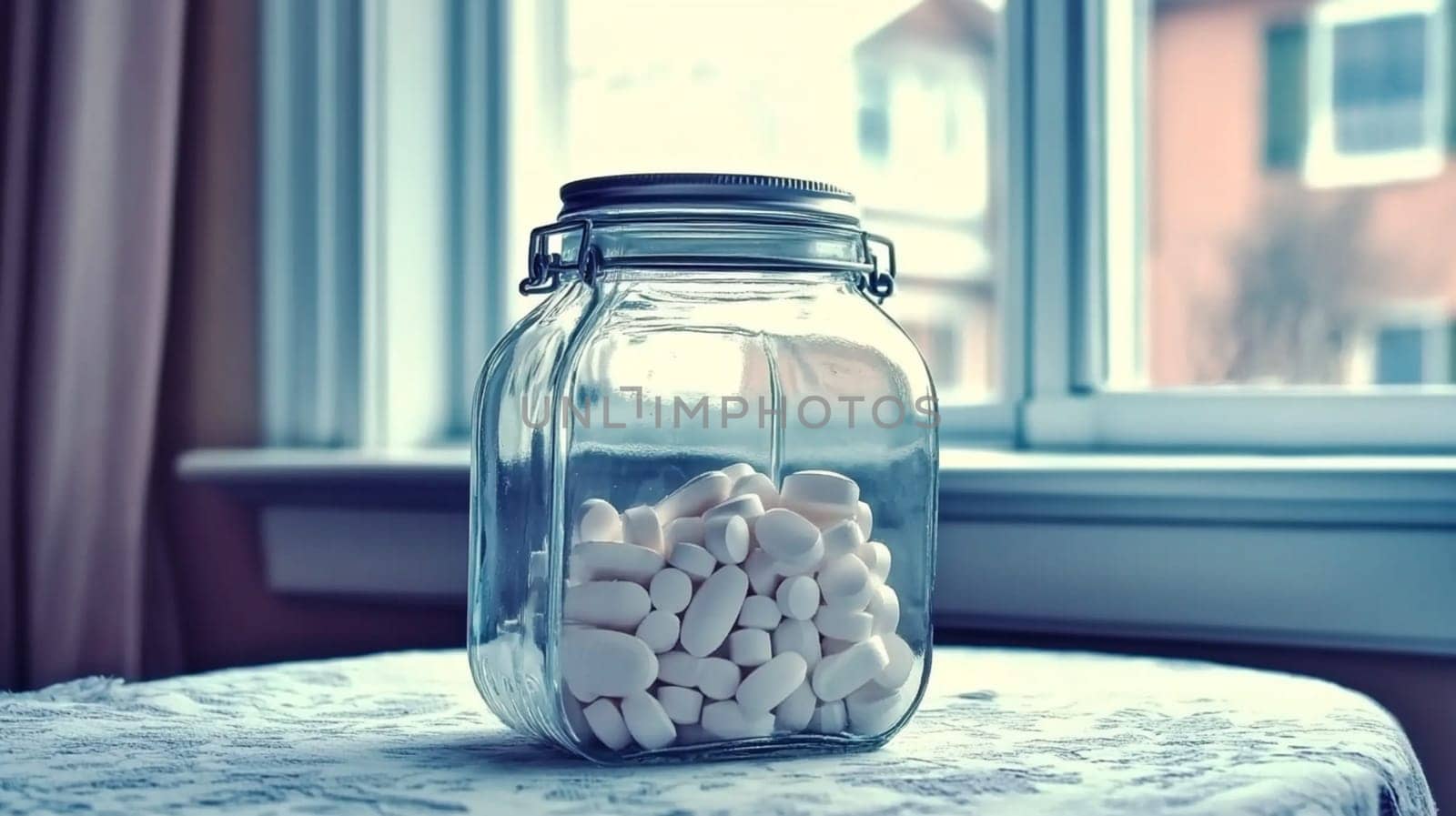 Glass jar overflowing with white pills sits on a table near a window, suggesting concepts of medicine, healthcare, and potential overmedication
