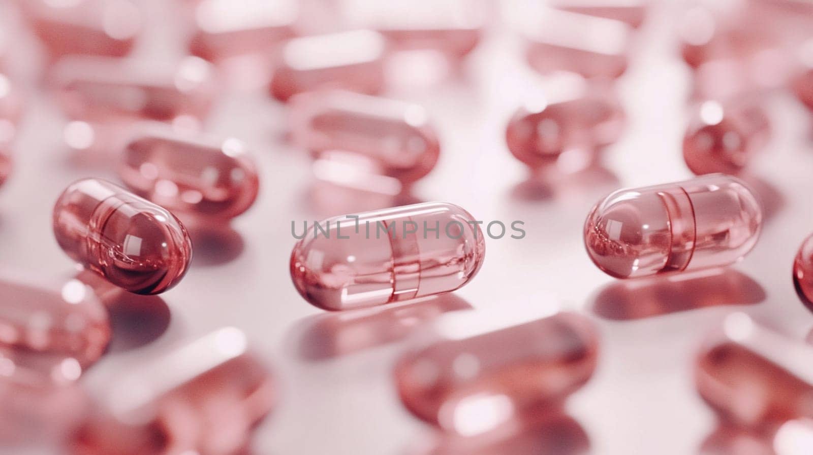Red pills are scattered on a reflective surface, creating a sense of sterile abundance. The image evokes themes of medicine, pharmaceuticals, and healthcare