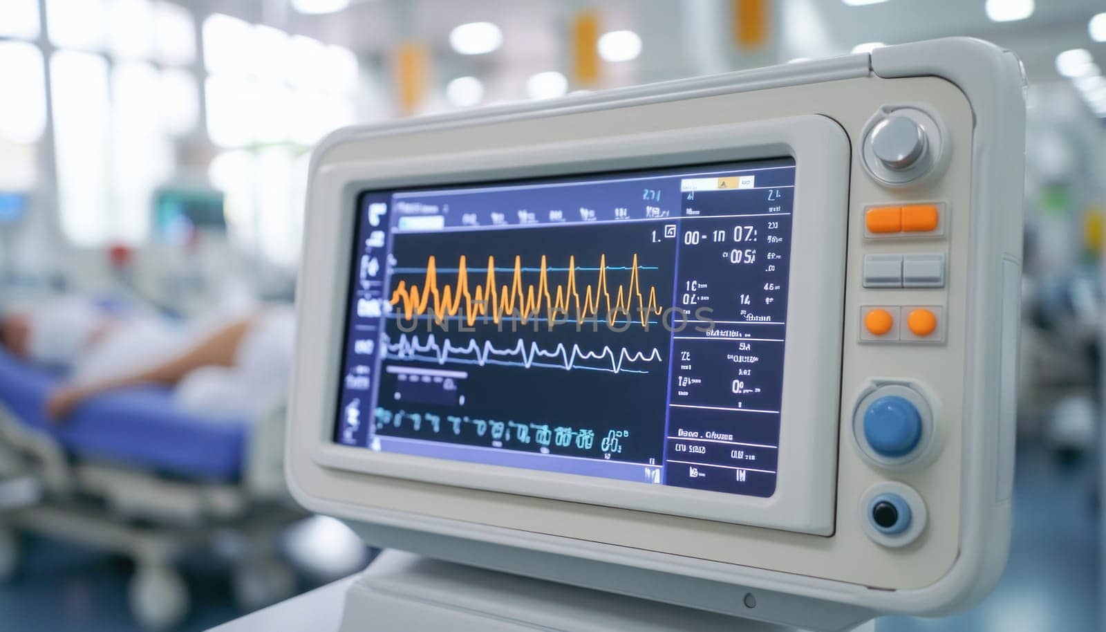 Medical monitor displaying patient's vital signs in a hospital room with a patient resting in the background