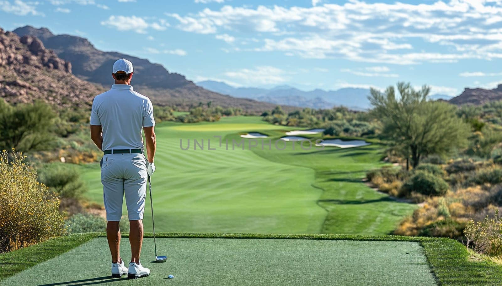 Golfer is standing on a tee box, contemplating his next shot on a beautifully maintained golf course