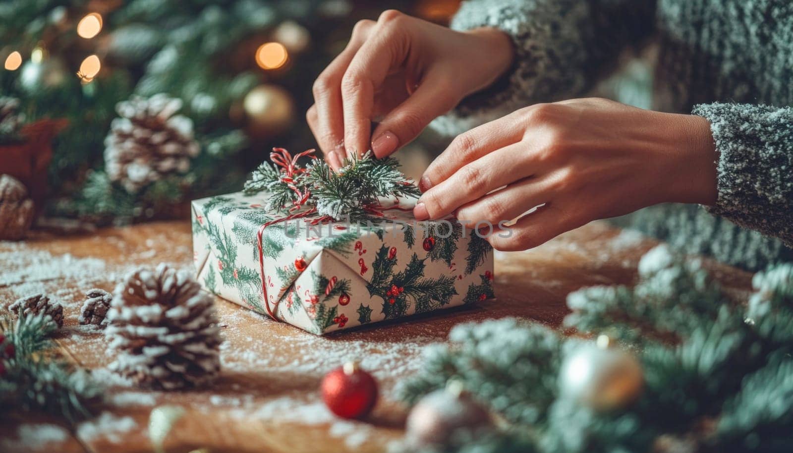 Woman is wrapping a christmas present with fir branches, pine cones, and ornaments around