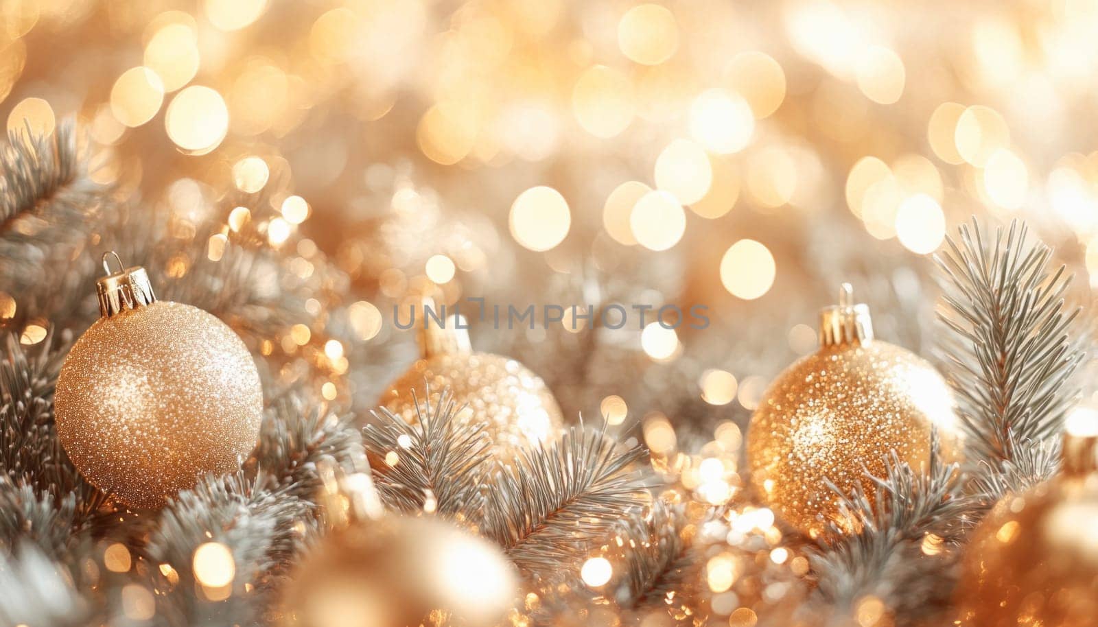 Golden christmas ornaments are nestled in the silver tinsel with warm twinkling lights in the background
