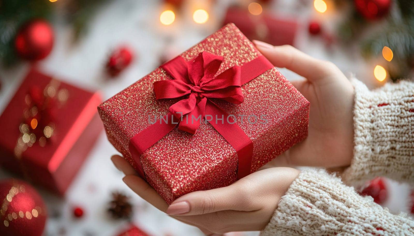 Woman holding a christmas present wrapped in sparkly red wrapping paper with a red bow