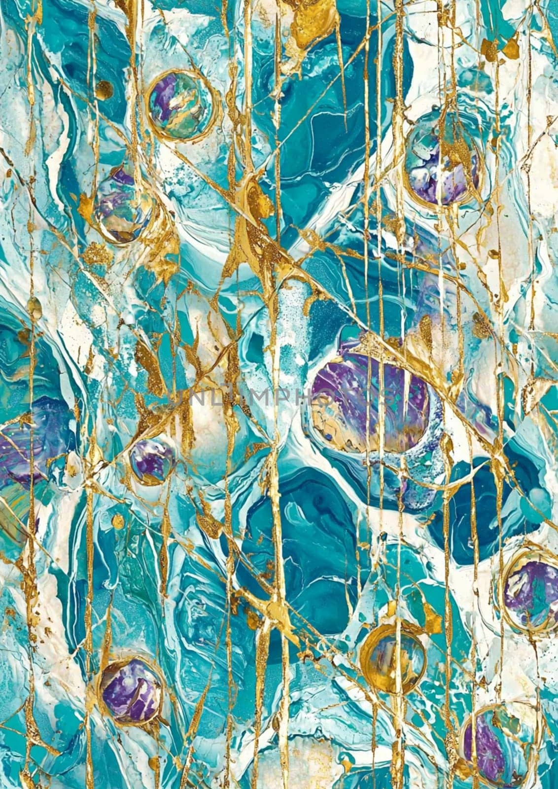 This artwork showcases a mesmerizing interplay of blue and gold tones, featuring fluid shapes and textures that create a striking visual experience.
