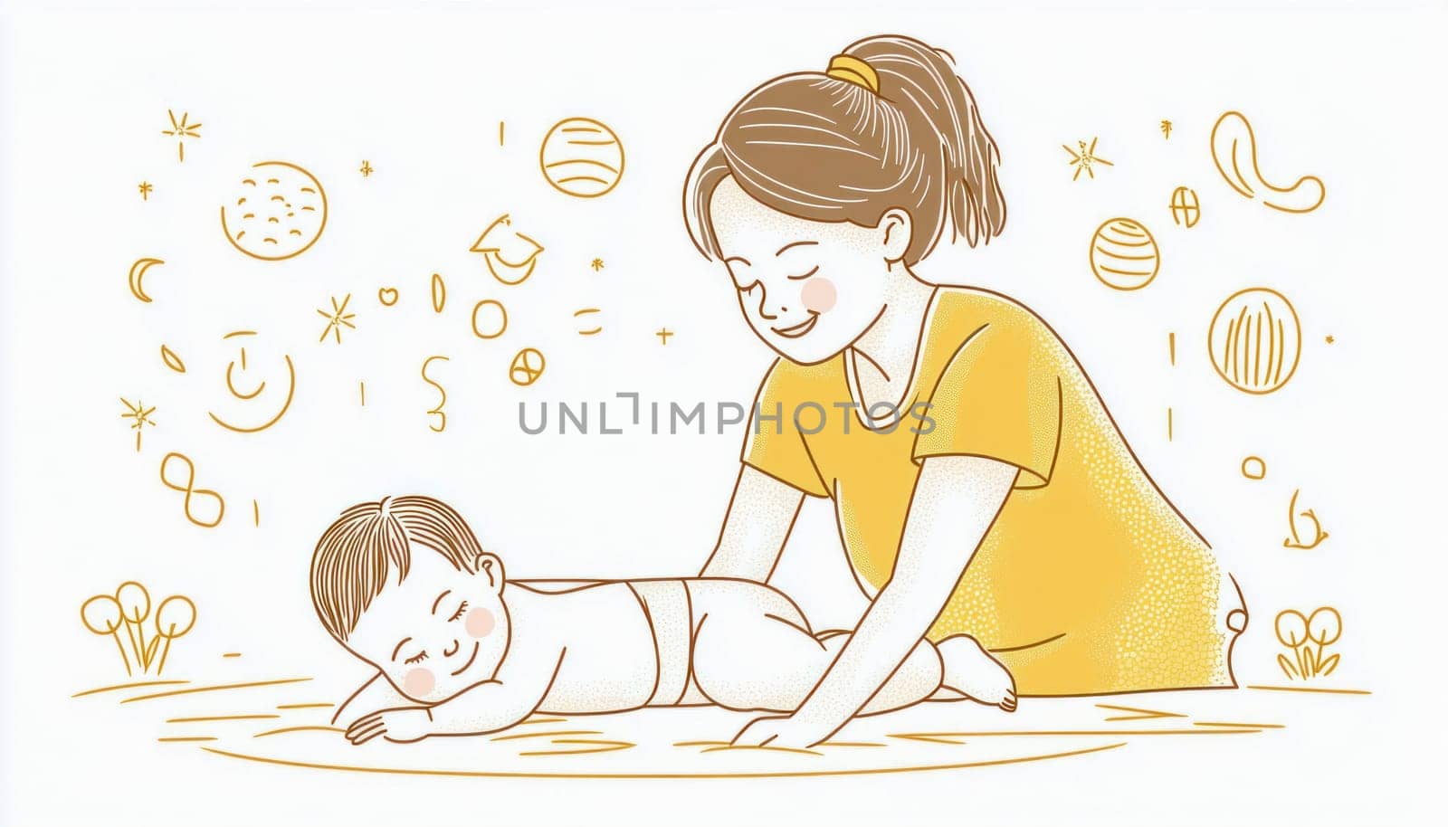 Mother is taking care of her child by giving him a massage and doing gymnastics to help him fall asleep