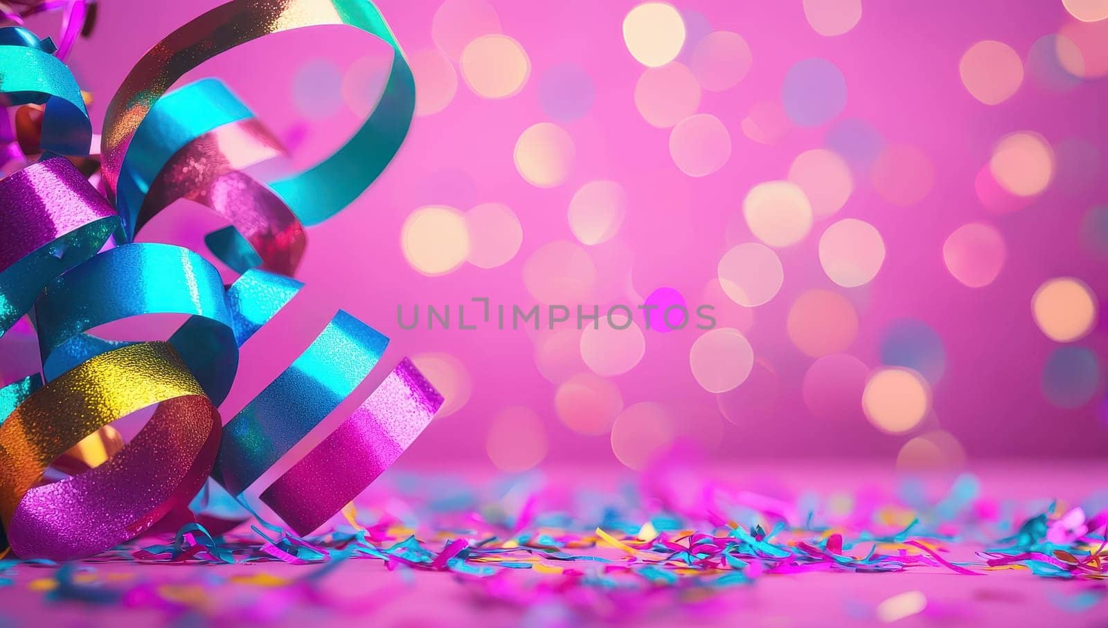 Colorful party streamers and confetti on pink background with bokeh. Festive celebration concept.