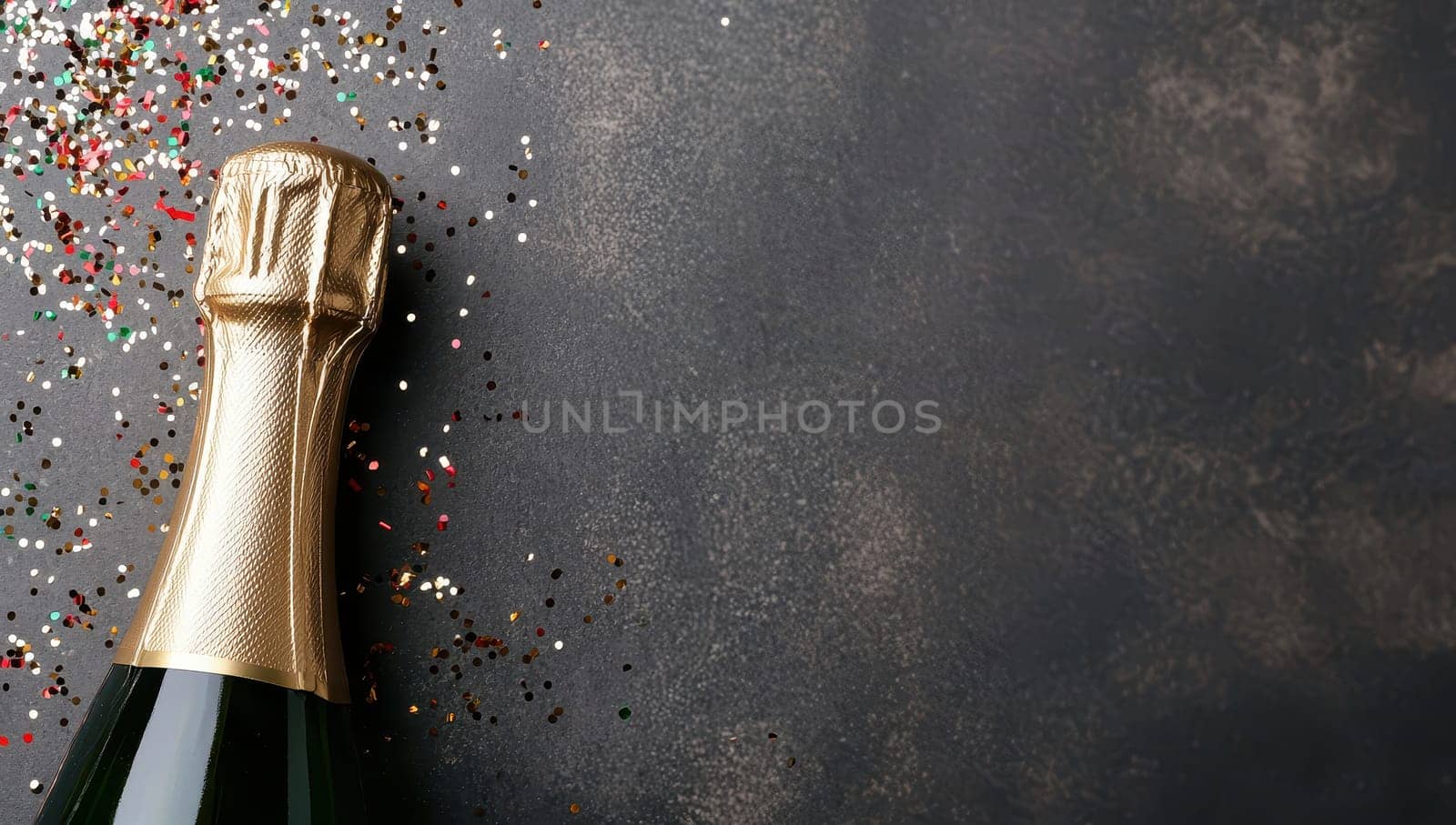Champagne bottle and glitter on dark background, top view with space for text. Celebration, party concept.