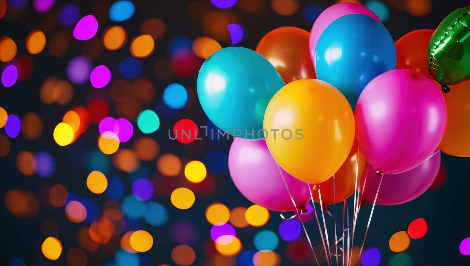Colorful balloons on a festive background with bokeh lights. Birthday, party, celebration concept.