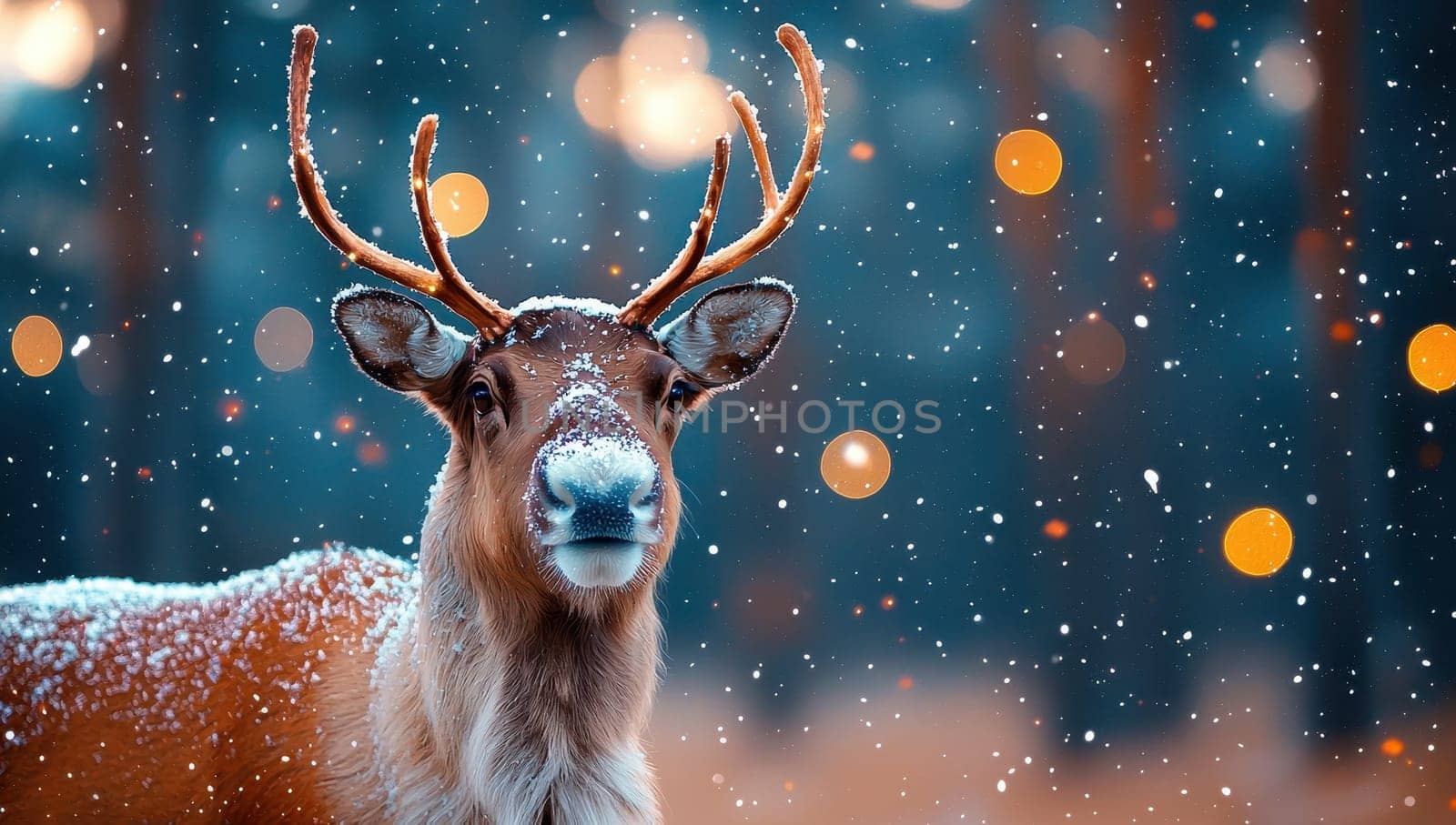 Reindeer in snowy winter forest with festive bokeh lights. Christmas concept.