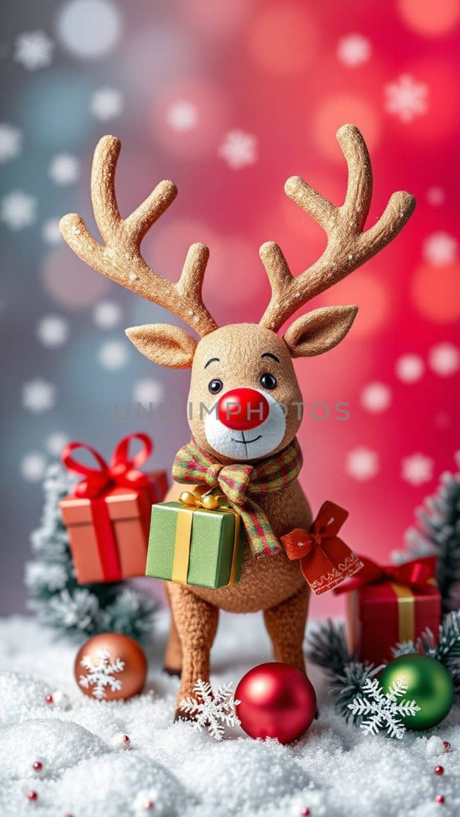 Cute reindeer toy is standing in the snow, wearing a scarf and holding a gift, surrounded by christmas decorations and presents. The background is a festive red and white