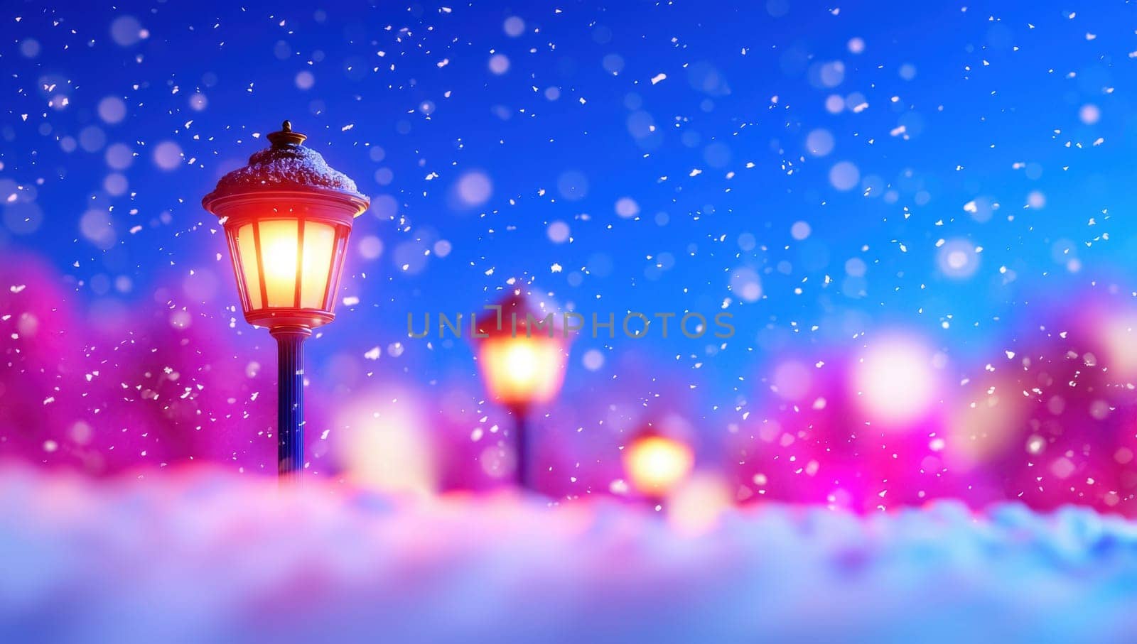 Street lamps glowing in a snowy winter wonderland at night. Snow falling, creating a magical and festive atmosphere.