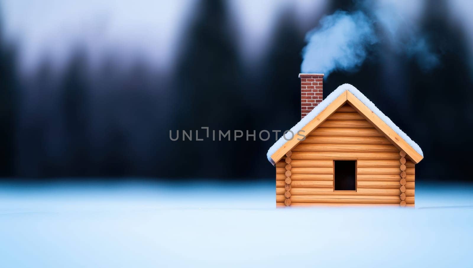 Wooden cabin model with smoke from chimney on snow covered surface with winter forest background. Concept of home, winter, warmth, christmas, holidays.