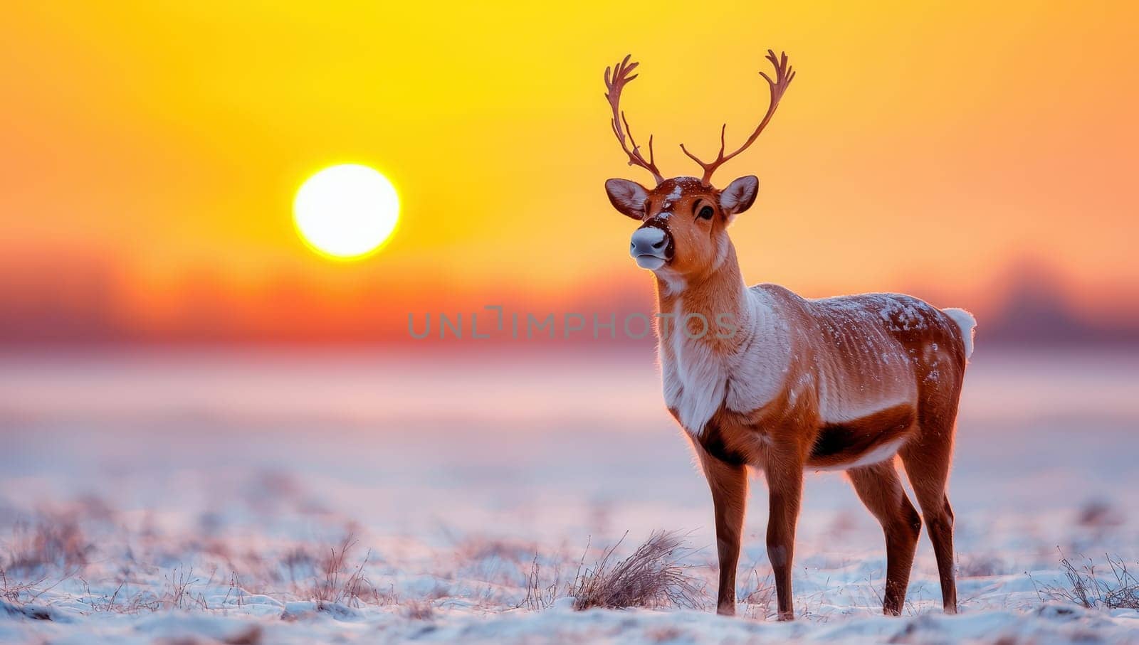 Reindeer standing in a snowy field at sunset