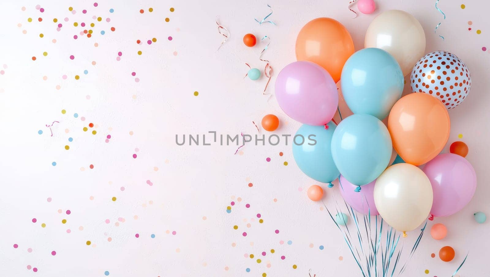 Pastel colored balloons on a light background with confetti. Birthday, celebration, party concept.