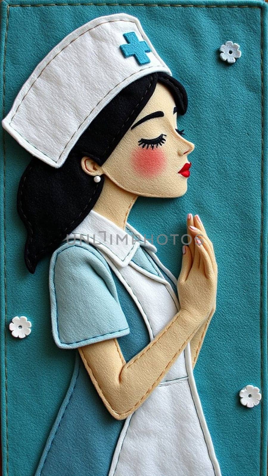 Peaceful nurse prays with eyes closed in a colorful felt artwork