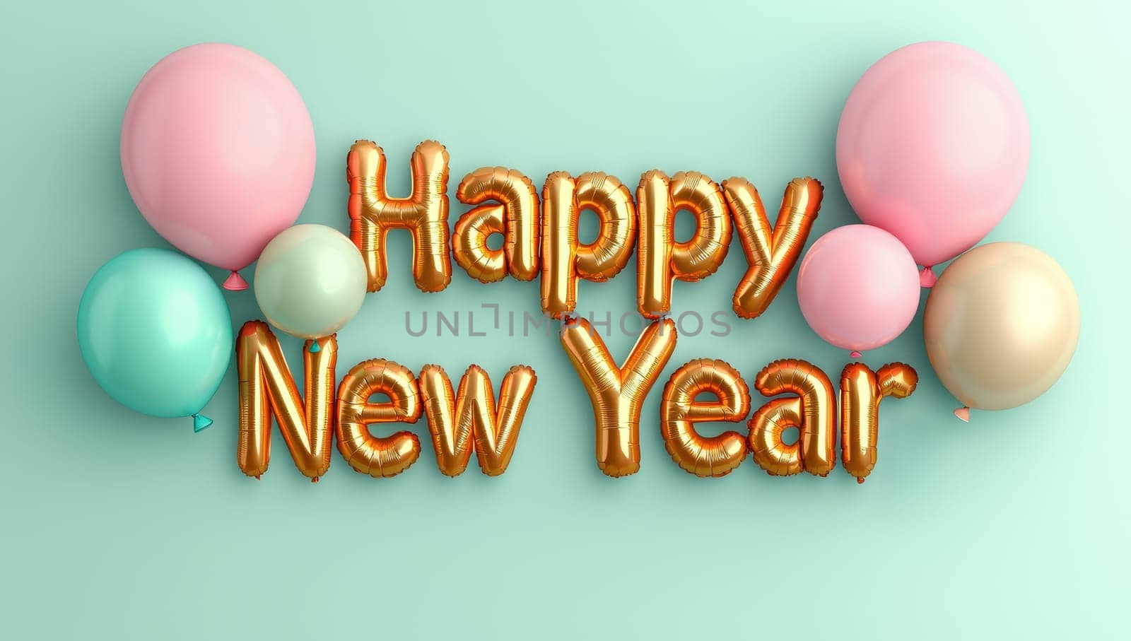 Happy New Year text with colorful balloons on a pastel green background