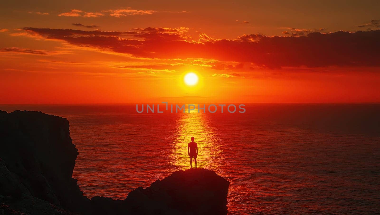 Silhouette of a person standing on a cliff at sunset, overlooking the ocean.