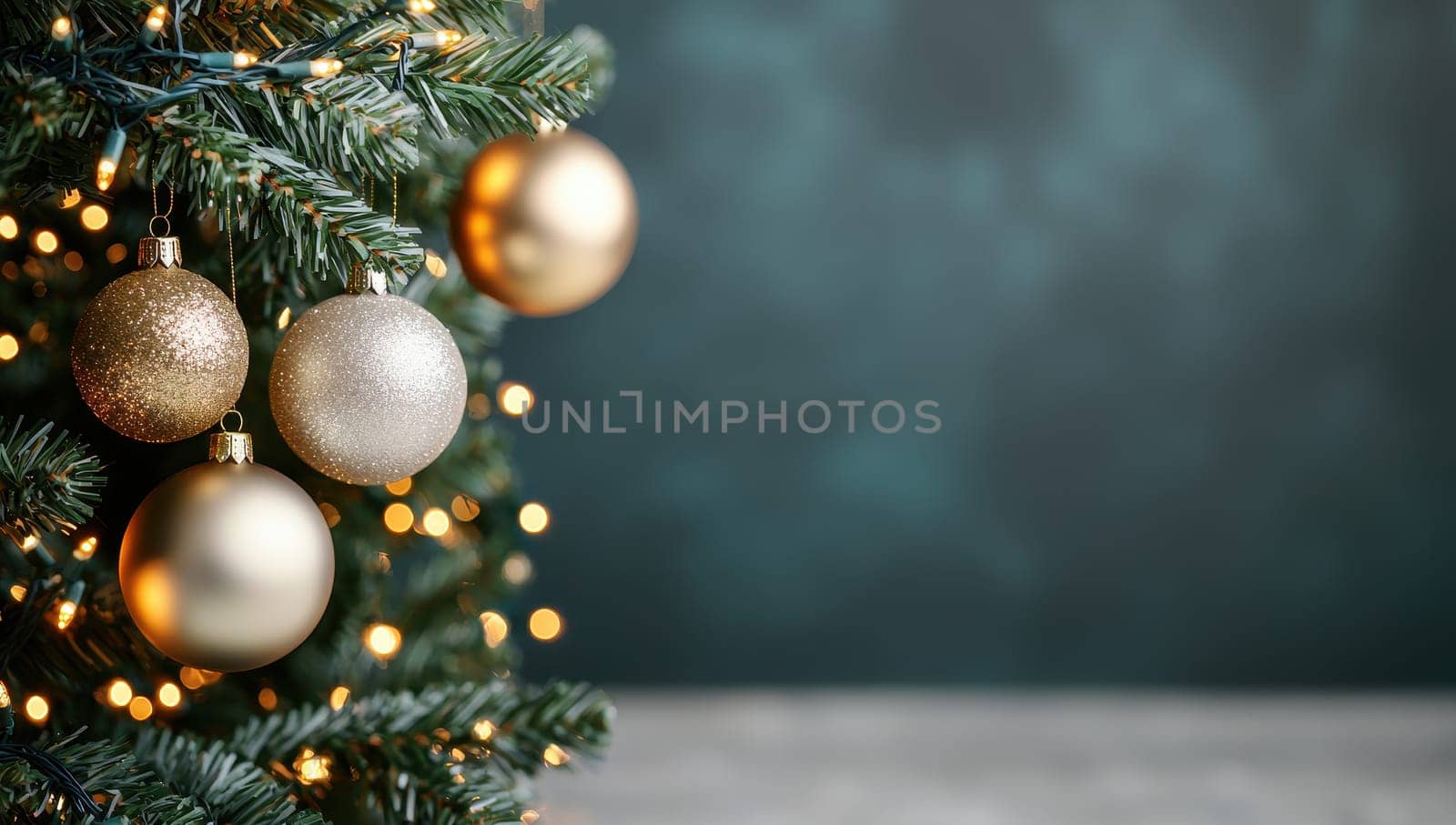 Christmas tree with golden and silver ornaments and lights