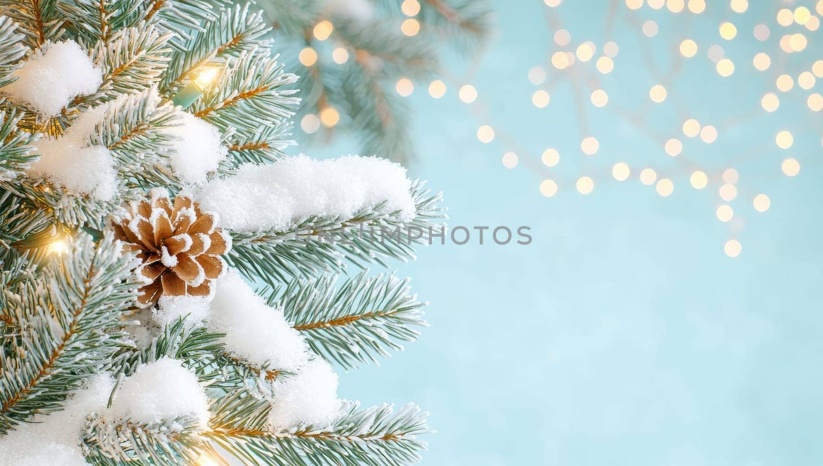 Snowy pine branch with pine cone against a blurred background of twinkling lights