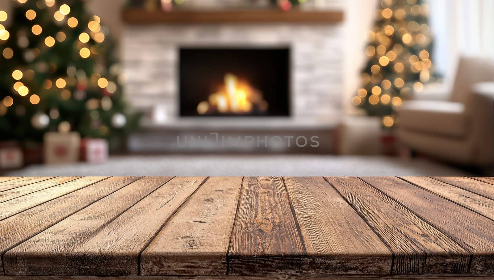 Wooden table top with cozy fireplace and Christmas tree in the background