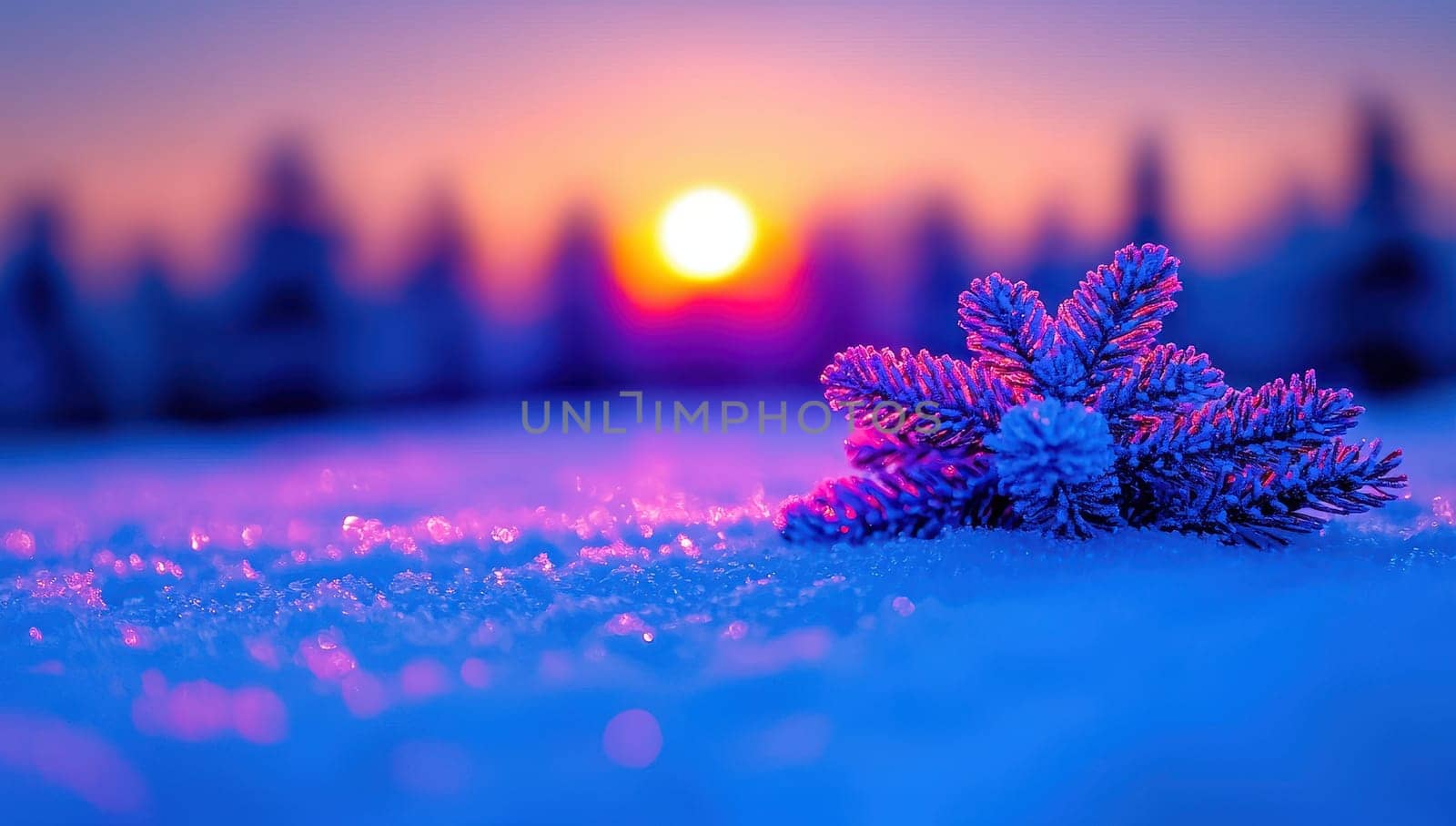 Glowing snowflake on snowy landscape at sunset