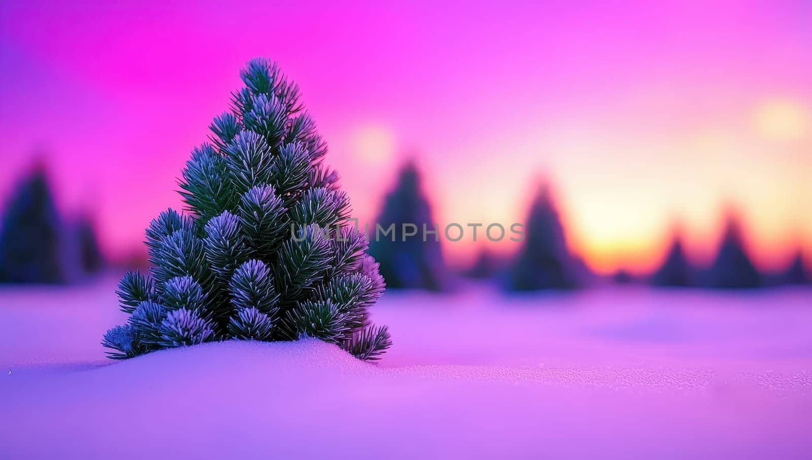 Snowy Christmas tree in winter landscape at sunset