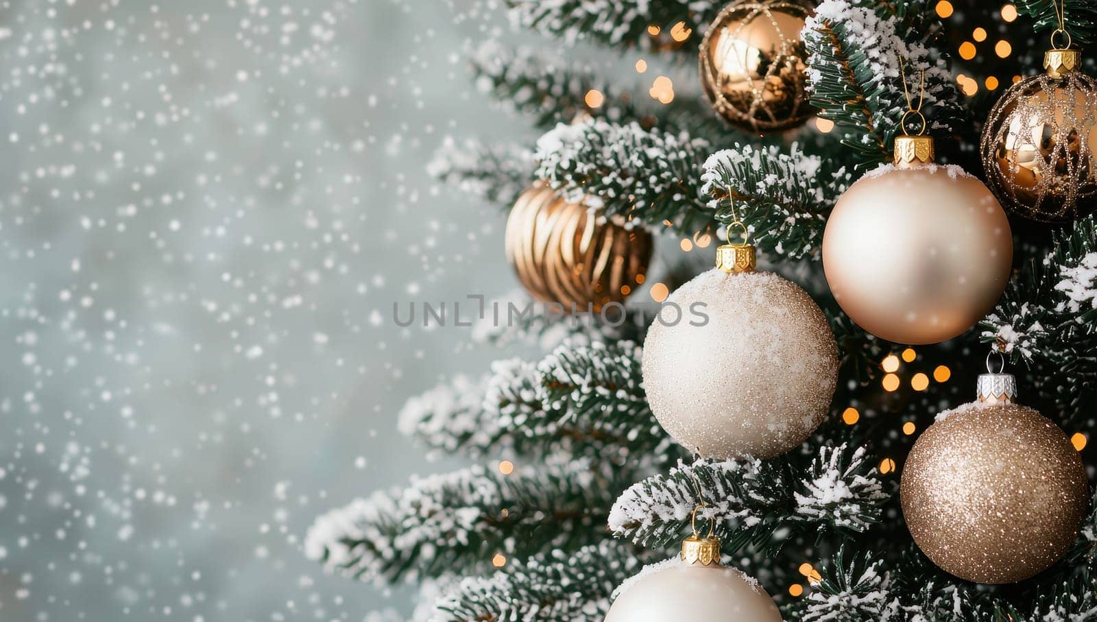 Close up of a snow covered Christmas tree decorated with gold and silver ornaments, illuminated by warm fairy lights. 