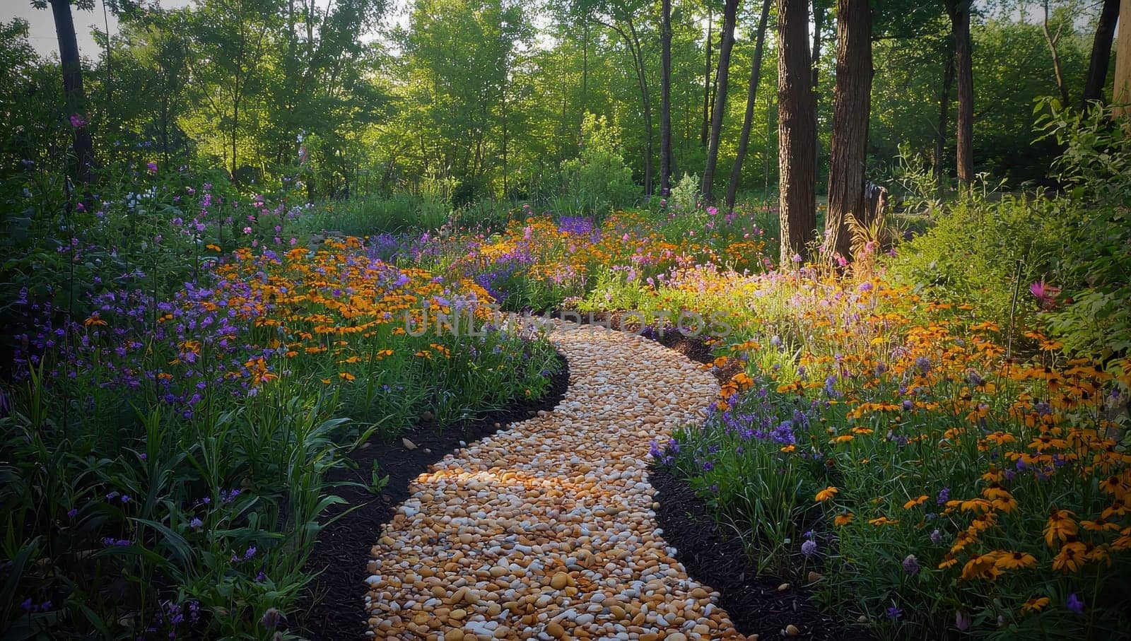 Winding pathway through a vibrant flower garden surrounded by lush greenery.