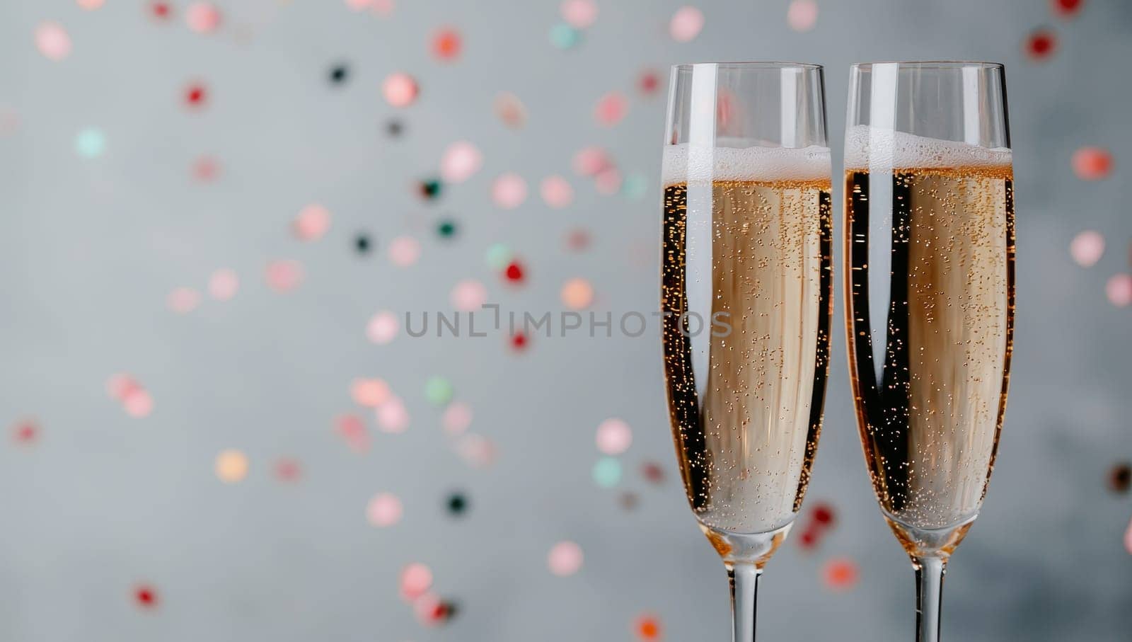 Two glasses of champagne with confetti on a gray background. Celebration, party, anniversary, or New Year concept.