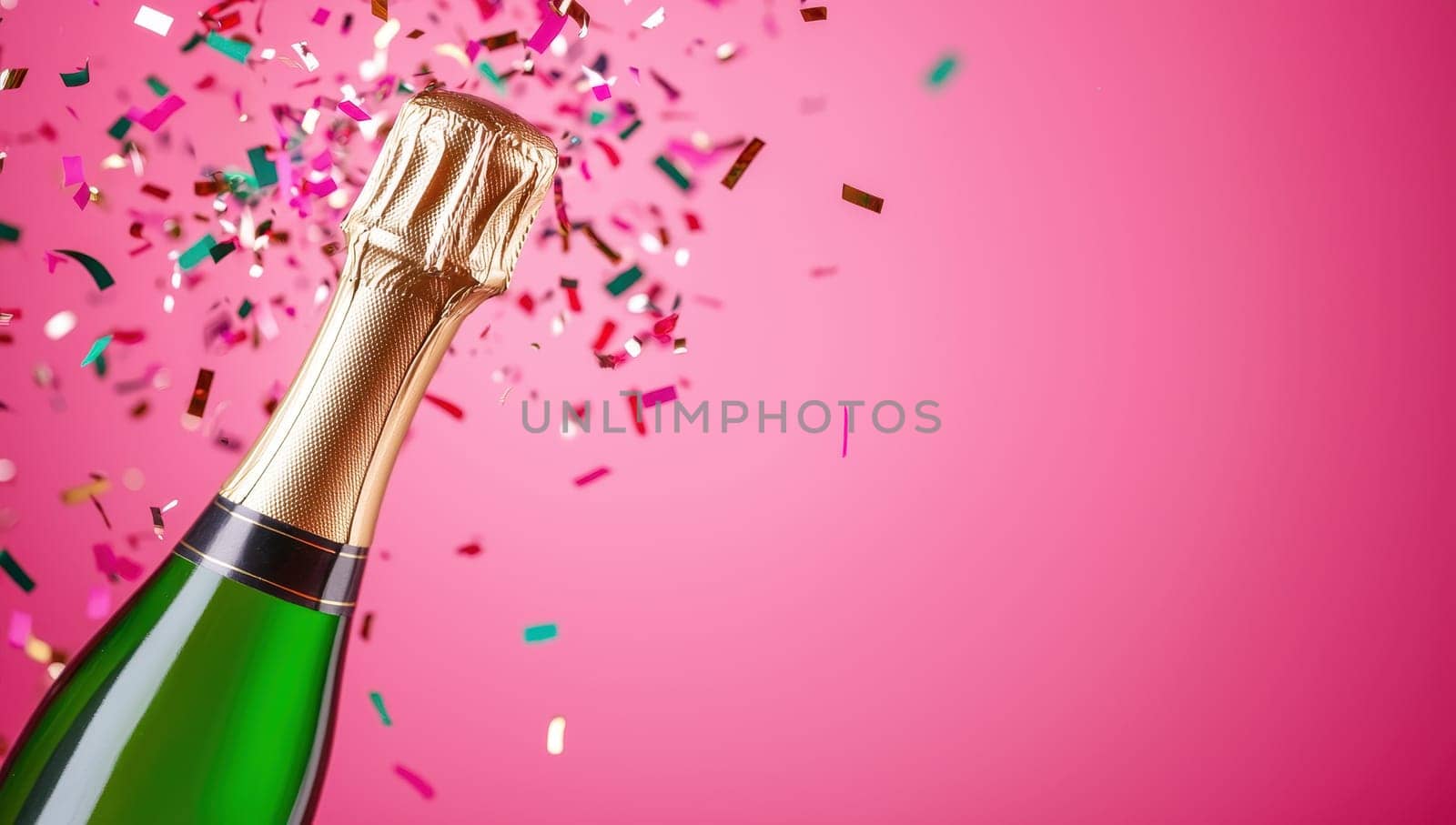 Champagne bottle popping with confetti explosion on pink background. Celebrating, festive, party concept.