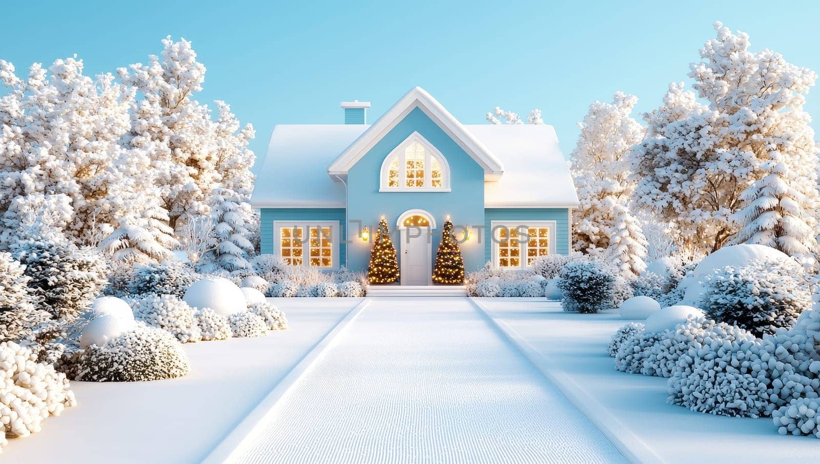 Blue Christmas house with snow covered yard and trees. 