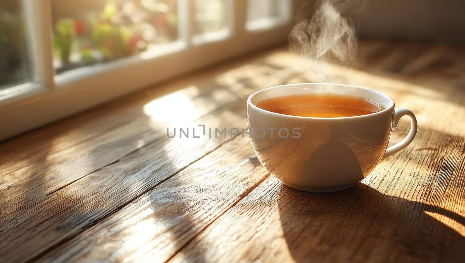 Steaming cup of tea on a rustic wooden table in the morning sunlight by the window. Concept of relaxation, peace, and quiet time.