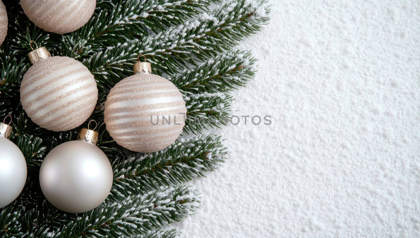 Christmas background with silver and beige ornaments and fir tree branches on snow. Top view with copy space.