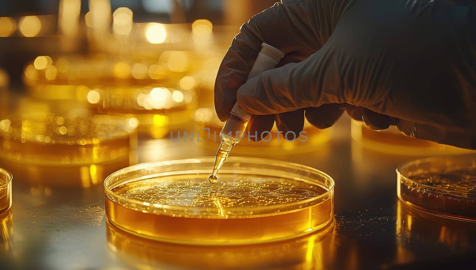 Scientist analyzing petri dish with pipette in laboratory. Research, experiment, science, biology, chemistry, biotechnology concepts