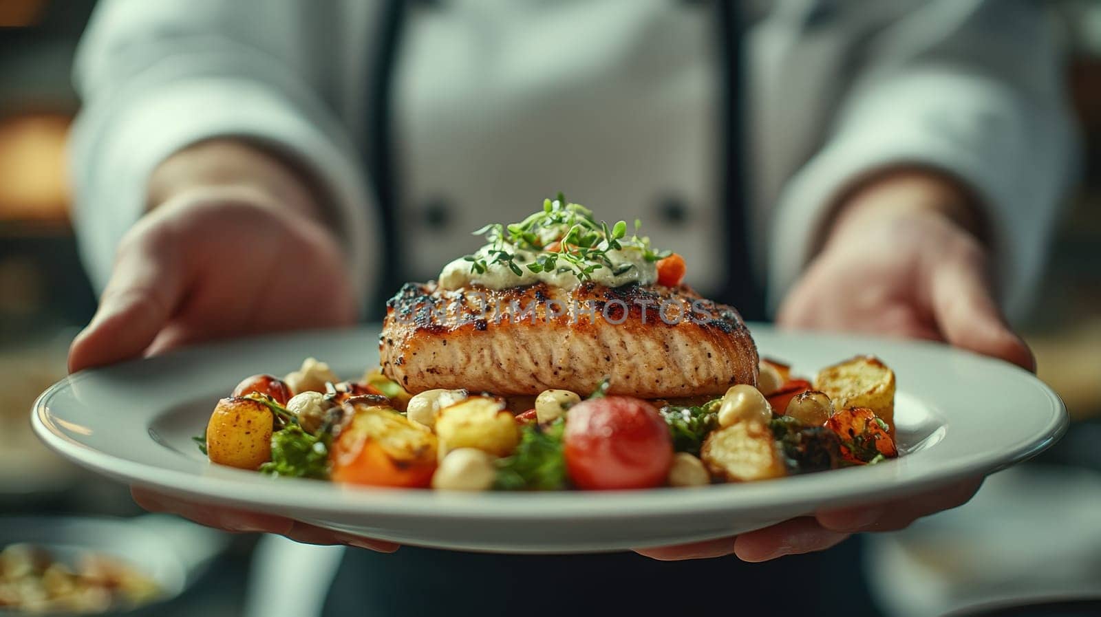Chef Presenting Grilled Salmon with Vegetables, Fine Dining Experience
