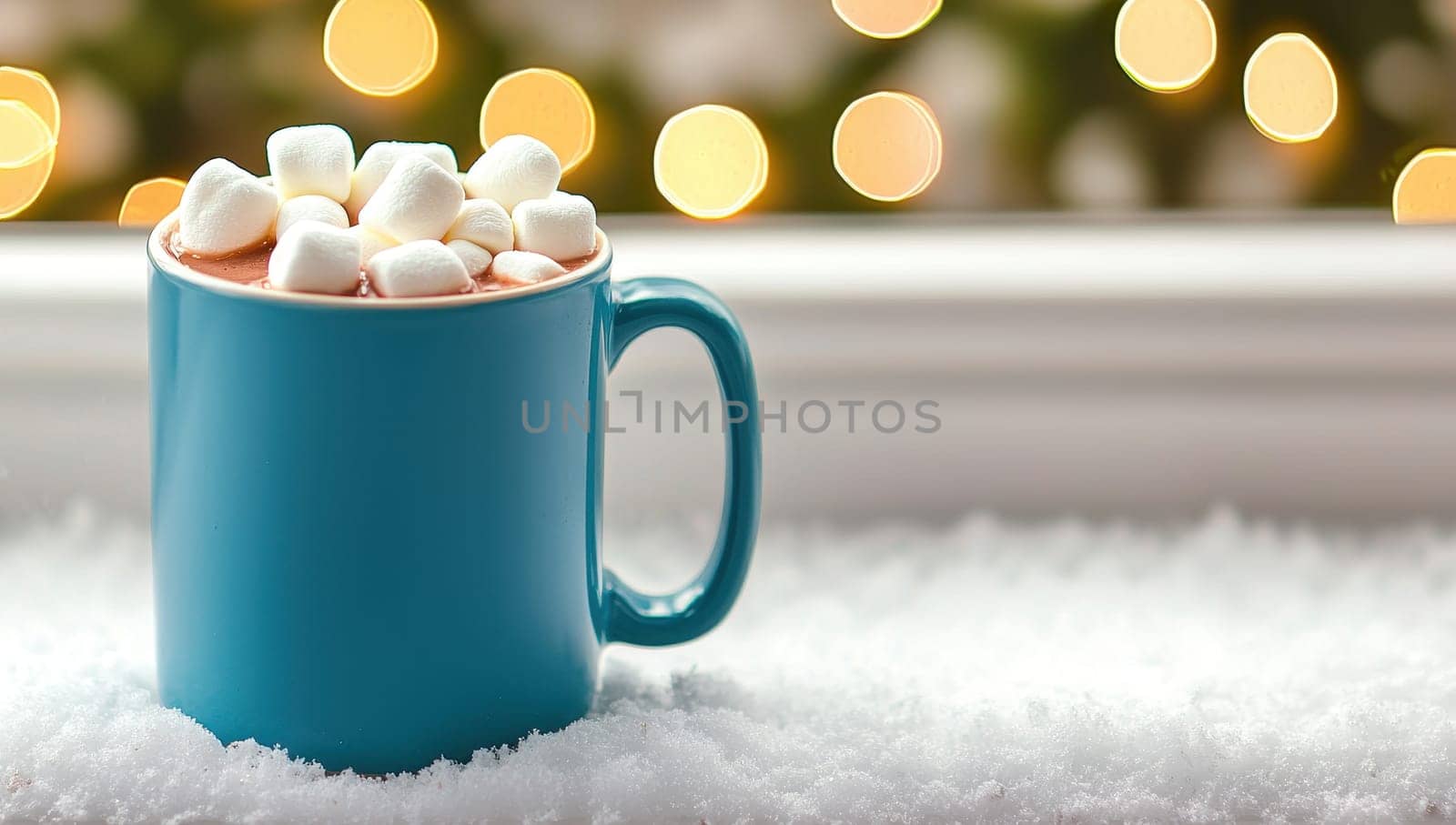Blue mug of hot chocolate with marshmallows on a snowy windowsill with Christmas lights in the background.