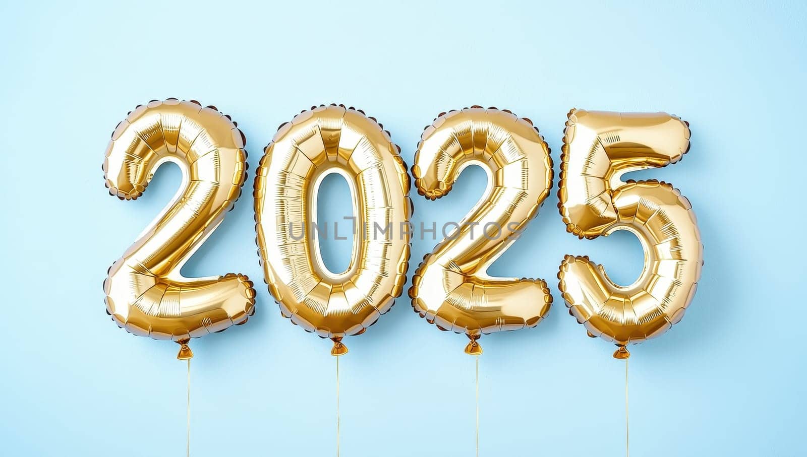 Gold foil balloons forming the number 2025 on a blue background. New year celebration concept.