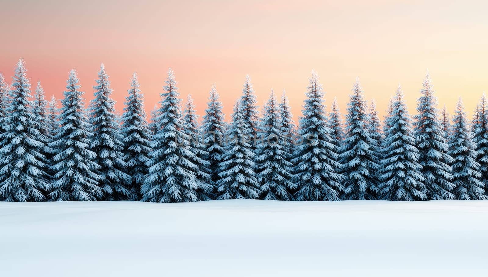 Snowy pine forest at sunset. Winter wonderland landscape with snow covered trees and colorful sky.