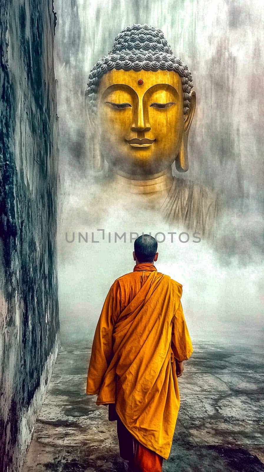 Buddhist monk wearing an orange kasaya walking on a stone surface towards a giant buddha head