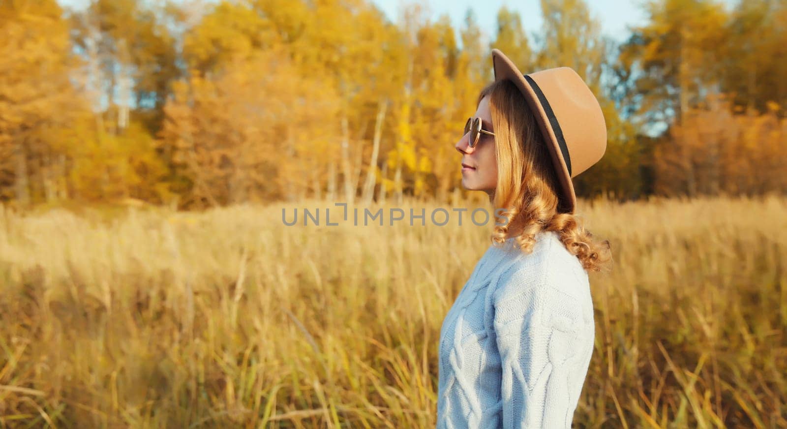 Autumn portrait of beautiful happy young woman, stylish modern girl in hat, glasses looking away outdoors, sunny park with yellow leaves, trees