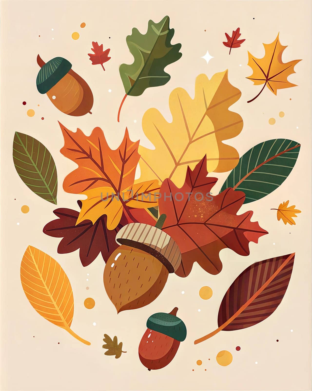 Thanksgiving postcard. Thanksgiving day poster. Festive background with fall foliage and acorns. Vertical holiday poster. Ai generation image
