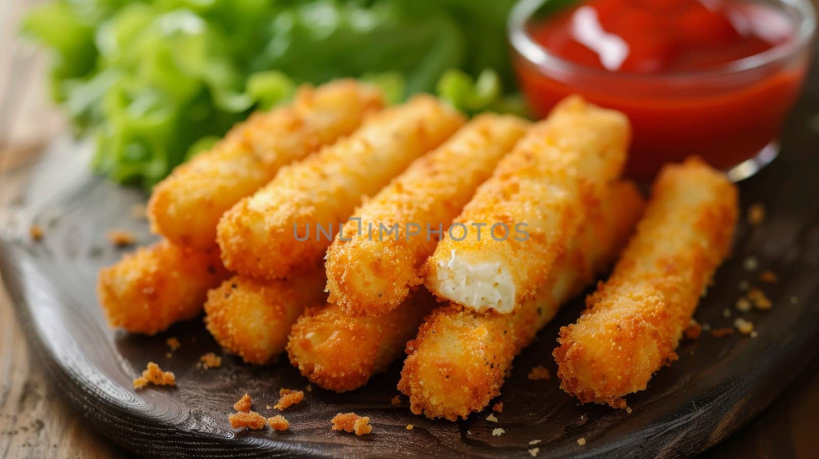 Breaded cheese sticks on the table. Selective focus. Generative AI, food