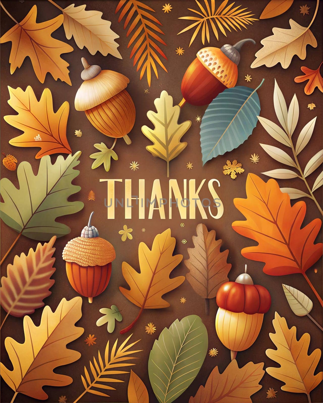 Thanks postcard. Thanksgiving day poster. Festive background with fall foliage and acorns. Vertical holiday poster. Ai generation image